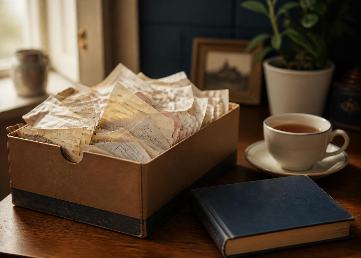 A shoebox full of paper receipts on a desk beside a ledger and a cup of tea